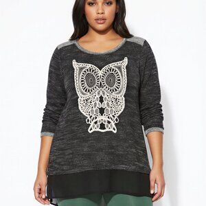 Avenue Owl Sweater Size 18/20 Women's Plus Charcoal Gray Cream Black